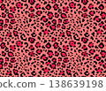 Seamless leopard fur pattern. Fashionable wild leopard print background. Modern panther animal fabric textile print design. Stylish vector light pink coral red black illustration 138639198