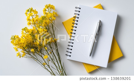 白色背景上的桌上放著一本打開的筆記本和一支筆；還有油菜花。 138639201