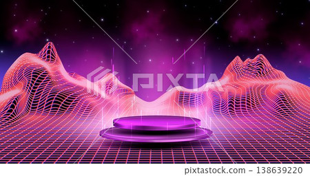 3D podium with digital landscape holographic grid 3D podium with digital landscape holographic grid 138639220