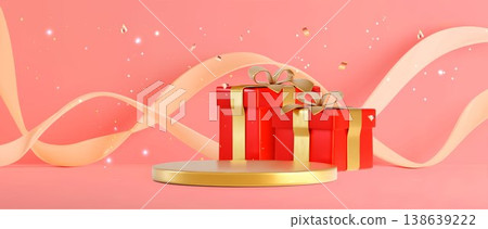 Golden 3D podium with gift boxes and ribbons Golden 3D podium with gift boxes and ribbons 138639222