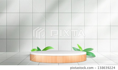 Round wooden podium on white tile wall background Round wooden podium on white tile wall background 138639224