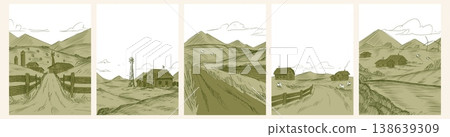 Set of farm sketches with countryside fields 138639309