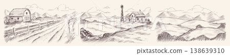 Hand drawn farm landscapes, sketch countrysides Hand drawn farm landscapes, sketch countrysides 138639310