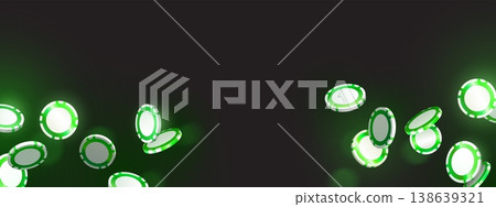 Casino chips, coins cascade with neon green glow Casino chips, coins cascade with neon green glow 138639321