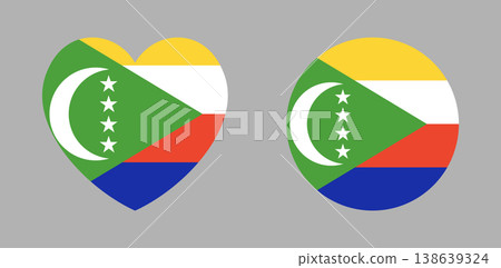 Flag of Comoros icon, sticker in circle, heart shape. Set of National Comoros flag round, heart shaped button, badge, banner. 138639324