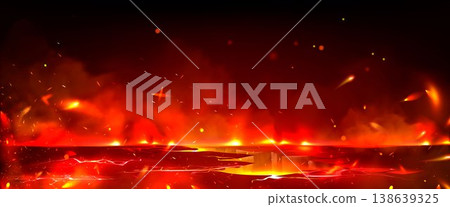 Hell landscape with lava streams in ground cracks 138639325