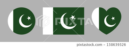 Flag of Pakistan button, sticker in heart, round, rectangular shape. Set of Pakistan flag rectangle, circle, heart shaped icon, badge. National Pakistan flag background, banner. 138639326