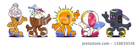 Retro summer beach cartoon characters, mascots Retro summer beach cartoon characters, mascots 138639336