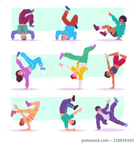 Break dancers. Urban dancers in action poses exact vector professional street dancers Break dancers. Urban dancers in action poses exact vector professional street dancers 138639383