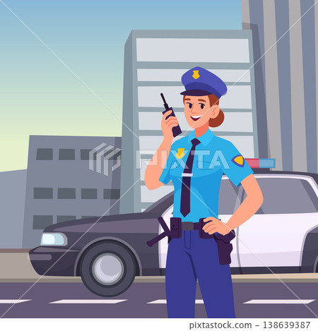 Woman police. urban background with police office department and policeman standing near car 138639387