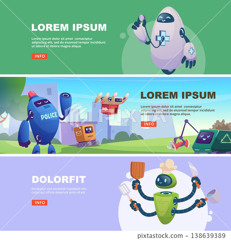 Robot help. android support character helping people. vector horizontal banners Robot help. android support character helping people. vector horizontal banners 138639389