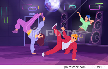 Dance party. break dance people on stage. vector music background in cartoon style 138639415