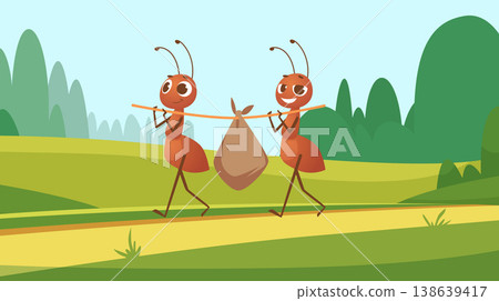Cartoon ants. background with happy working characters walking ants with cargo Cartoon ants. background with happy working characters walking ants with cargo 138639417