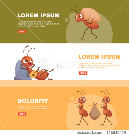 Cartoon ants. active bugs ants working. banners template with place for text 138639419