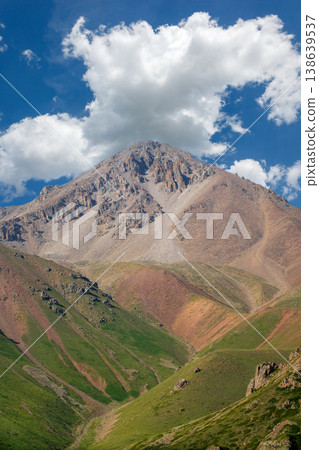 High altitude summer landscape of the Satpayev Peak massif with a picturesque sky and alpine meadows High altitude summer landscape of the Satpayev Peak massif with a picturesque sky and alpine meadows 138639537