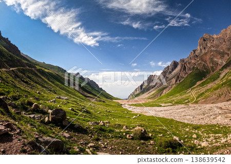 Panoramic view of Mynzhylky valley and Tuyuk-Su Gate in Tian Shan, Kazakhstan. Green slopes, rocky peaks and mountain road under blue sky. 138639542