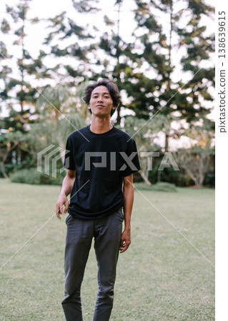 Casual Young Man Posing Outdoors in a Green Park Casual Young Man Posing Outdoors in a Green Park 138639615