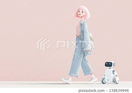 Emi Series: Illustration of a young woman with pink hair walking with a small robot Emi Series: Illustration of a young woman with pink hair walking with a small robot 138639946