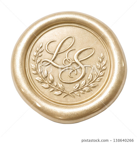 Pale golden wax seal bearing the intertwined initials L and S surrounded by a laurel wreath, representing victory, achievement, and personalized elegance 138640266