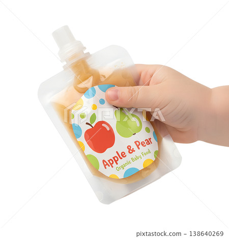 Baby's small hand gripping a soft squeeze pouch of organic apple and pear baby food, representing self-feeding, weaning, and healthy infant nutrition 138640269