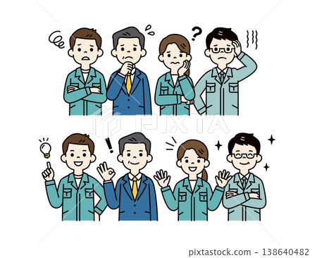 一組向量插圖,展示了公司總裁和身著工作服的男女員工的上半身,描繪了一個已經解決的問題。 一組向量插圖,展示了公司總裁和身著工作服的男女員工的上半身,描繪了一個已經解決的問題。 138640482