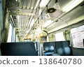An empty local train car: a retro and nostalgic scene with rows of box seats and handrails. 138640780