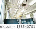 An empty local train car: a retro and nostalgic scene with rows of box seats and handrails. 138640781
