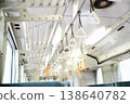 An empty local train car: a retro and nostalgic scene with rows of box seats and handrails. 138640782