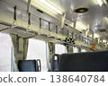 An empty local train car: a retro and nostalgic scene with rows of box seats and handrails. 138640784