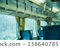 An empty local train car: a retro and nostalgic scene with rows of box seats and handrails. 138640785
