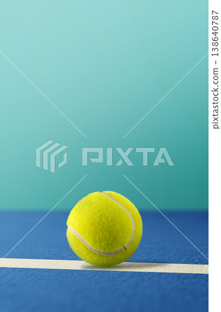 A bright yellow tennis ball resting on a blue hard court surface against a teal background. Minimalist vertical composition with copy space for sports concepts 138640787