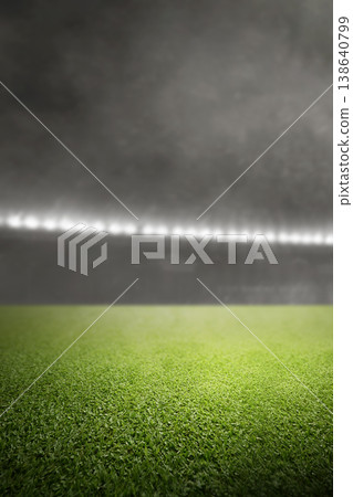 A dramatic vertical shot of a lush green grass field in a sports stadium at night, featuring bright floodlights and a smoky atmosphere 138640799