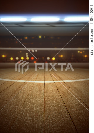 Low angle view of a polished wooden basketball court floor with a white line, set against a blurred arena background with bright stadium lights and spectators' bokeh Low angle view of a polished wooden basketball court floor with a white line, set against a blurred arena background with bright stadium lights and spectators' bokeh 138640801