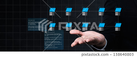 A professional businessman presenting a virtual display of folder icons and server connections, symbolizing digital cloud storage and information management systems 138640803