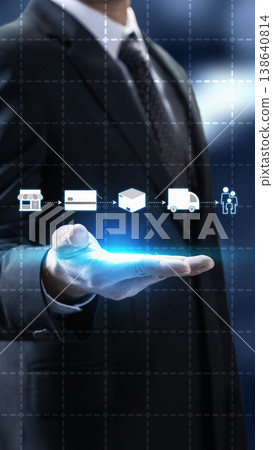 A businessman holds a glowing digital interface showing a supply chain process from retail store to customer delivery 138640814