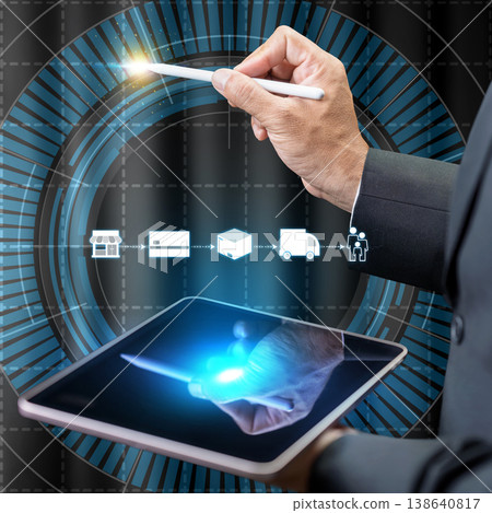 A businessman uses a tablet and stylus to manage a digital supply chain process including shopping, payment, logistics, and delivery in a futuristic interface A businessman uses a tablet and stylus to manage a digital supply chain process including shopping, payment, logistics, and delivery in a futuristic interface 138640817