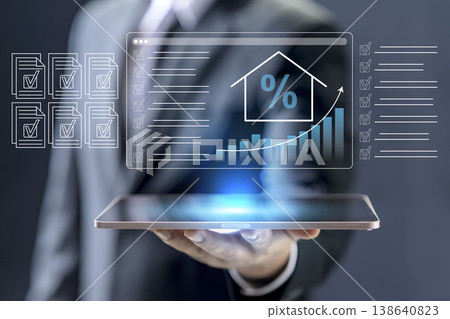 A professional holds a tablet displaying a digital dashboard for real estate investment, mortgage interest rates, property value growth charts, and document checklists A professional holds a tablet displaying a digital dashboard for real estate investment, mortgage interest rates, property value growth charts, and document checklists 138640823