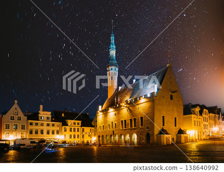Tallinn Town Hall and Raekoja Plats Under a Night Sky with Star Trails Tallinn Town Hall and Raekoja Plats Under a Night Sky with Star Trails 138640992