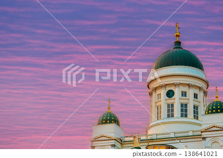 Helsinki Cathedral Domes Under a Purple Sunset Sky 138641021