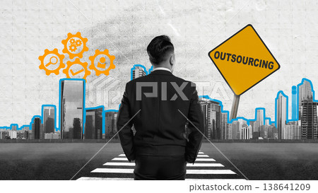 Professional businessman standing on a road looking at a yellow outsourcing sign and urban city skyline conceptual collage 138641209