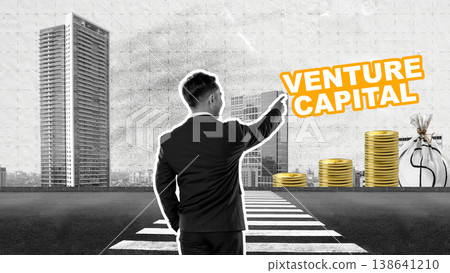 Businessman pointing at Venture Capital text in a collage with skyscrapers, stacks of gold coins, and a money bag, representing startup investment and financial growth strategies Businessman pointing at Venture Capital text in a collage with skyscrapers, stacks of gold coins, and a money bag, representing startup investment and financial growth strategies 138641210