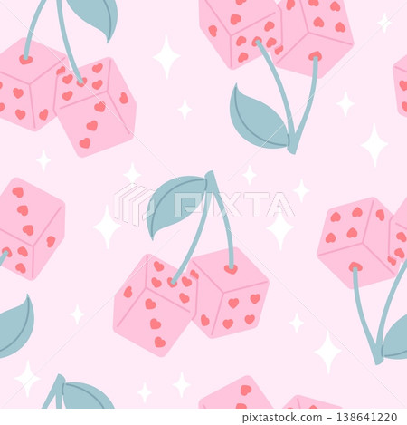 Dice seamless pattern. Cherry dices with hearts and leaf. Creative art girly print for textile fabric wallpaper design. Fashion template, racy vector background Dice seamless pattern. Cherry dices with hearts and leaf. Creative art girly print for textile fabric wallpaper design. Fashion template, racy vector background 138641220