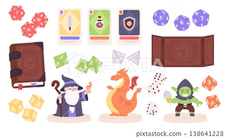 Rpg games elements. Board play accessories, plastic dices and character. Figures or wizard, troll or orc, dragon. Play cards, magic book of rules, racy vector clipart Rpg games elements. Board play accessories, plastic dices and character. Figures or wizard, troll or orc, dragon. Play cards, magic book of rules, racy vector clipart 138641228
