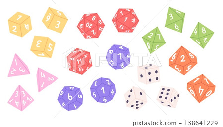 Rpg game dices. Plastic polyhedral board games pieces. Various shapes play tools. Gaming elements with numbers for fantasy playing, racy vector set 138641229
