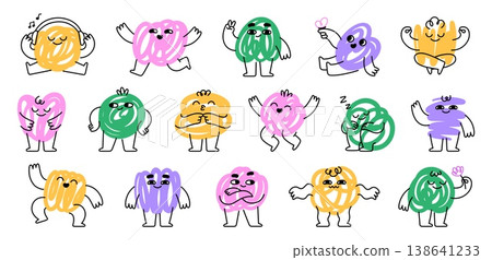 Funny scribble doodle characters. Colorful emotional art elements, abstract character different poses. Groovy mascots with flower, hearts, racy vector creative set 138641233