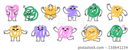 Abstract scribble characters. Emotional creative doodle characters different poses. Funny mascots listen music, resting, running. Scribbles racy vector clipart 138641234