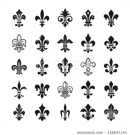 Heraldic lily icons. Fleur de lis emblems, floral royal black silhouettes. Medieval arms and emblems, dynastia symbols. Elegance design tidy vector collection Heraldic lily icons. Fleur de lis emblems, floral royal black silhouettes. Medieval arms and emblems, dynastia symbols. Elegance design tidy vector collection 138641245
