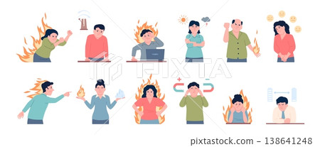 Emotional swings. Different emotions, hate, aggressive, discontent and rage. Male female in burning flame fire. Adults have mental disorder, depression, recent vector set Emotional swings. Different emotions, hate, aggressive, discontent and rage. Male female in burning flame fire. Adults have mental disorder, depression, recent vector set 138641248