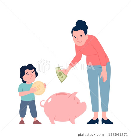 Kid save money. Mother help son saving coins in piggy bank. Children financial literacy, economic strategy, saves step by step. Investments recent vector concept Kid save money. Mother help son saving coins in piggy bank. Children financial literacy, economic strategy, saves step by step. Investments recent vector concept 138641271