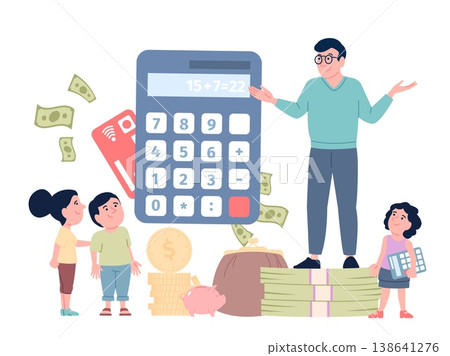 Financial literacy teaching. Man teach children investments, saving money for future. Economic strategy, finance education for toddlers, recent vector scene Financial literacy teaching. Man teach children investments, saving money for future. Economic strategy, finance education for toddlers, recent vector scene 138641276